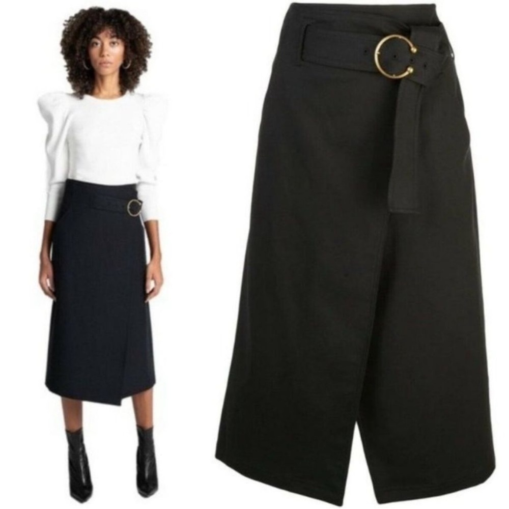 A.L.C. Black Wrap Belted Midi Skirt Gold Buckle Accent Size 18 Preppy Grunge